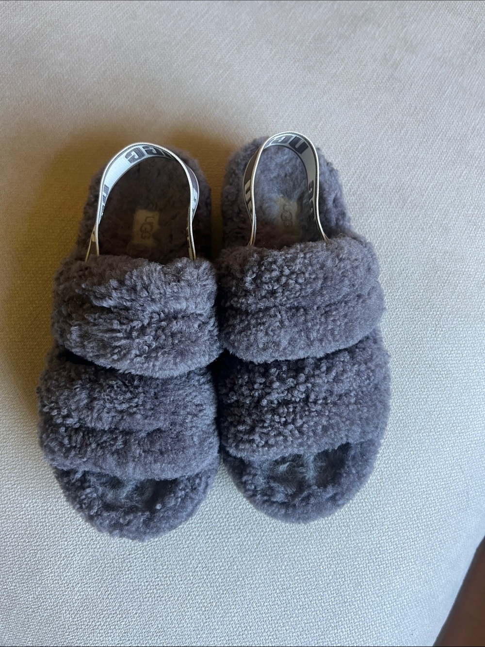 UGG Plush Double-Strap Shearling Slides in Charcoal